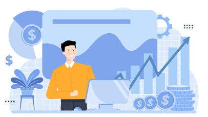 Businessman analyzing graphs on a computer screen, suitable for financial presentations, business reports, and data analysis concepts.