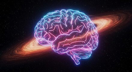 Glowing Human Brain in Space Near Nebula Cosmic Mind Concept