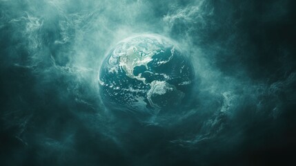 A futuristic holographic projection of Earth, showing pollution levels over time