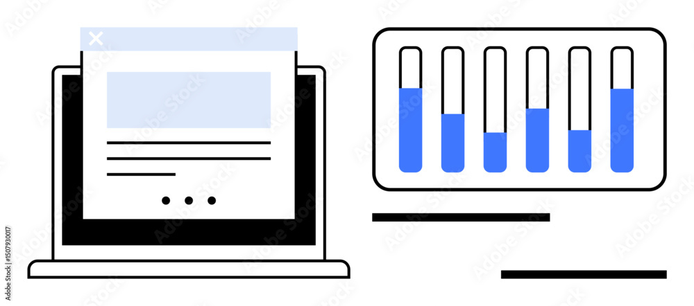 Poster laptop displaying a webpage alongside a metrics-focused vertical bar chart. ideal for analytics, dig