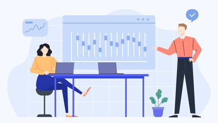 Woman sitting with a man during presentation at a table, suitable for business meetings, training sessions, conferences, and corporate presentations.