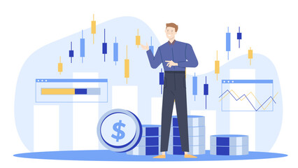 Man stands smiling next to a coin stack and charts. Perfect for financial success concepts, investment advice, wealth management materials.
