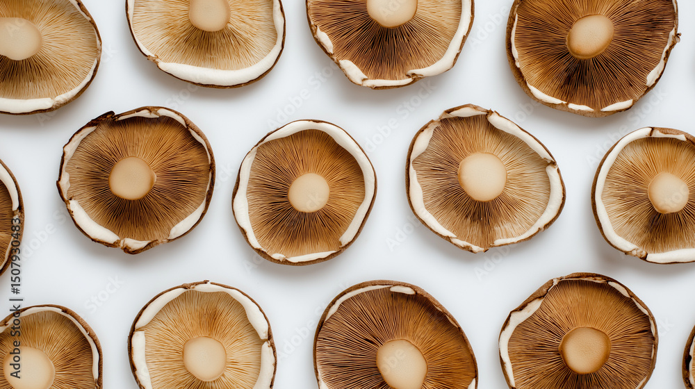 Poster sliced shiitake mushrooms arranged in a grid pattern on a white background.