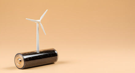 Miniature Wind Turbine on Battery Symbolizing Clean Energy on Tan Background
