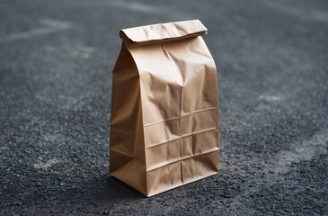 brown paper bag on textured asphalt surface outdoors