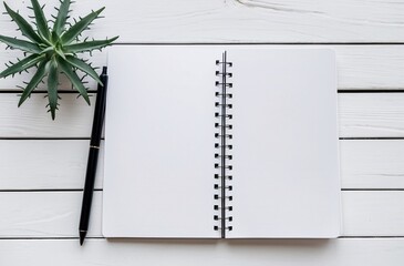 open notebook with pen and aloe plant on wooden table top