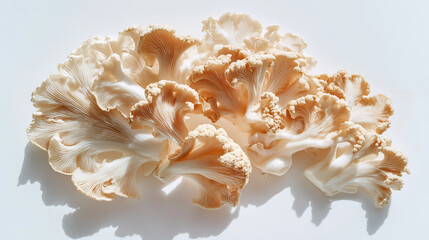 Delicate pink oyster mushrooms with ruffled edges arranged on a white background.
