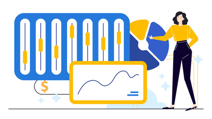 Woman pointing at graph and chart, suitable for business presentations, data analysis concepts, financial reports, marketing strategies, and analytics discussions.