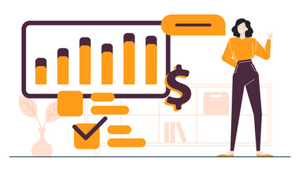 woman pointing at financial growth graph, suitable for business presentations, reports, websites, articles, social media posts, and marketing materials.