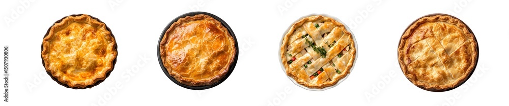 Poster set of different types of pies displayed in a horizontal arrangement. isolated on transparent backgr