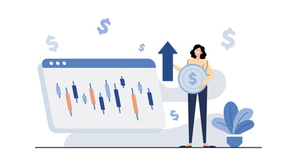 Woman with glasses holds a coin with an upward arrow in front of a computer financial chart. Suitable for financial concepts.