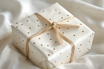 Wrapped present with gold polka dots and ribbon on white fabric in soft focus close up view