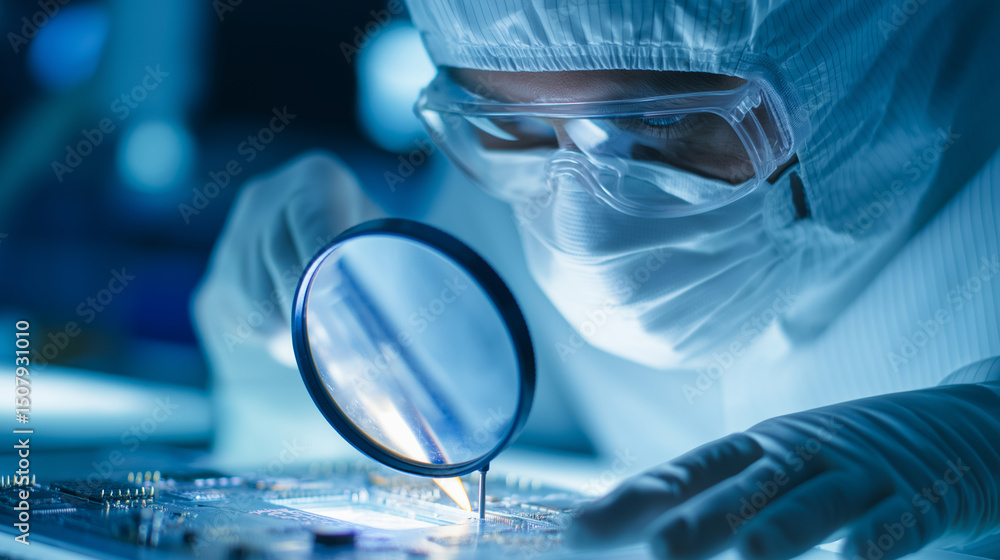 Poster scientist in cleanroom suit inspecting a microchip with a magnifying glass in a high-tech laboratory