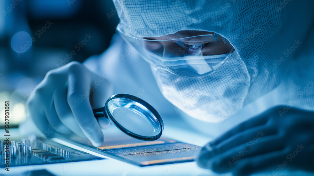 Poster scientist in cleanroom suit inspecting a microchip with a magnifying glass in a high-tech laboratory