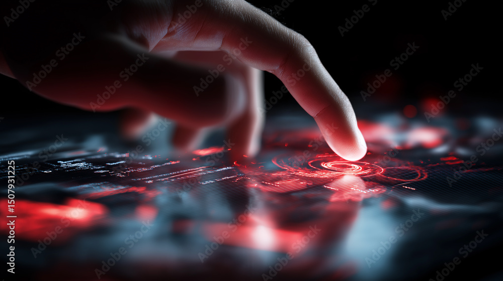 Poster hand interacting with a futuristic red and black touchscreen interface, symbolizing advanced technol