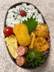 A traditional Korean dosirak, beautifully arranged with rice, assorted banchan, and savory proteins. Balanced and visually inviting, it’s a portable meal packed with vibrant flavors.