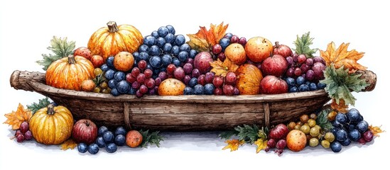 Autumn Harvest Abundance: A Watercolor Painting of Fruits and Pumpkins in a Rustic Wooden Boat