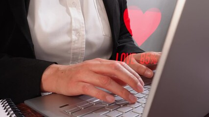 Woman working on laptop with a heart icon with progress fill animation with percentage counter - Powered by Adobe