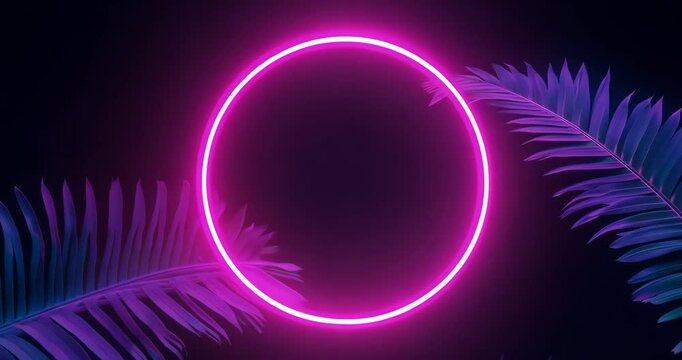 Glowing neon pink ring shining against black background, accenting stylized palm fronds