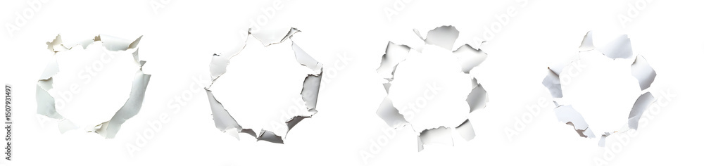 Poster set of multiple circular holes punched through white paper. isolated on transparent background