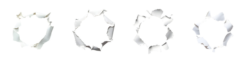set of Multiple circular holes punched through white paper. isolated on transparent background