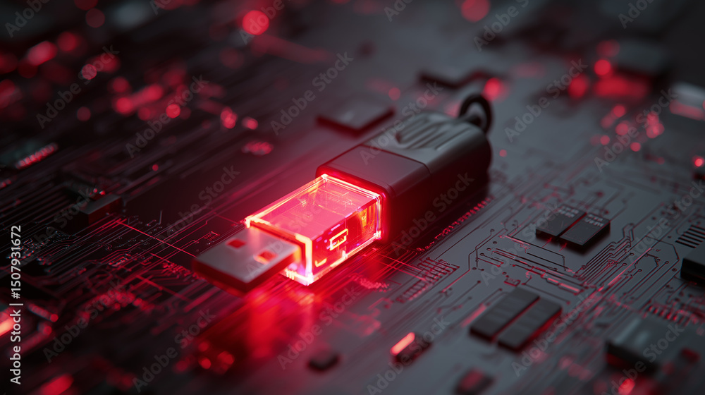 Poster futuristic glowing red usb flash drive placed on a dark high-tech circuit board, symbolizing data tr