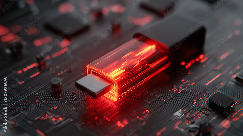 Poster futuristic glowing red usb flash drive placed on a dark high-tech circuit board, symbolizing data tr
