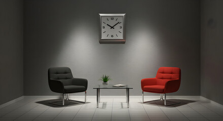 Minimalist Interior with Black and Red Armchairs Glass Table Plant Clock and Spot Lighting in a Gray Room Design Render