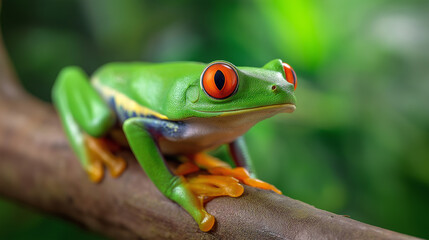 Naklejka premium Close-up of a vibrant red-eyed tree frog perched on a green branch against a blurred jungle background. 