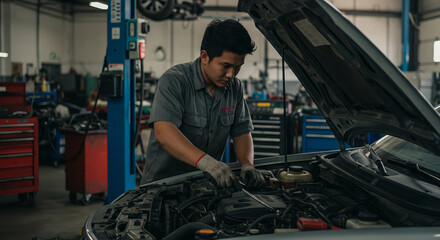 Fototapeta premium mechanical service. open vehicle hood checking up auto mobile. Vehicle Car maintenance engineer.
