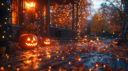 A cozy wooden porch, adorned with jack-o'-lanterns, flickering candles, and fallen autumn leaves, bathed in the warm glow of the setting sun, inviting guests to step into the heart of Halloween 