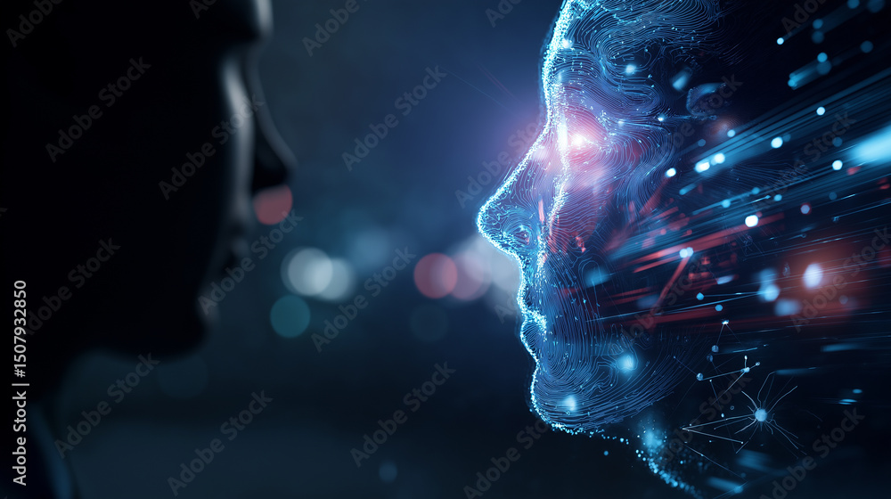 Poster silhouetted human facing a glowing digital face composed of light and data streams, symbolizing inte