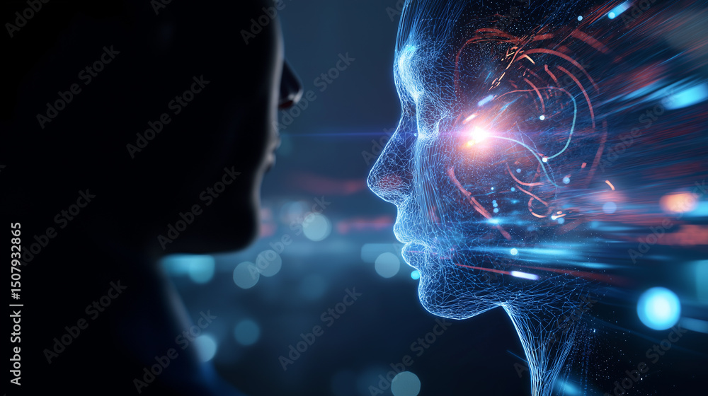 Poster silhouetted human facing a glowing digital face composed of light and data streams, symbolizing inte