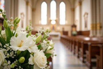 White flowers adorn a church aisle.