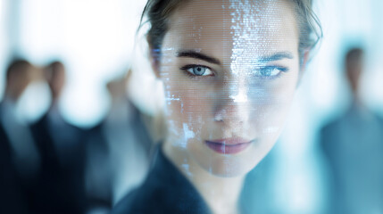 Confident businesswoman with digital facial recognition interface overlay, symbolizing technology and innovation in corporate environments.
