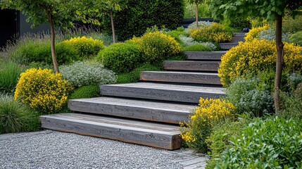 Obraz premium Garden Steps with Blooming Plants in the Summer