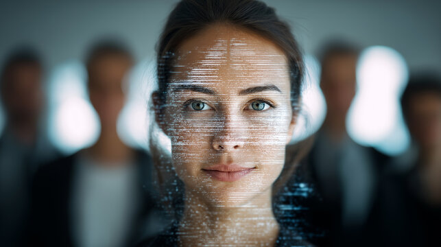 Confident businesswoman with digital facial recognition interface overlay, symbolizing technology and innovation in corporate environments.
