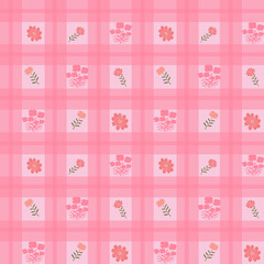 Seamless pink plaid background with cute hand-drawn flowers. Soft pastel colors, playful spring floral pattern, perfect for fabric, wrapping, or digital design.

