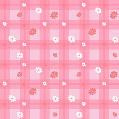 Seamless pink plaid background with cute hand-drawn flowers. Soft pastel colors, playful spring floral pattern, perfect for fabric, wrapping, or digital design.
