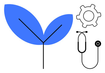 Blue leaves, gear, and stethoscope represent synergy of nature, technology, and health. Ideal for healthcare, environment, innovation sustainability wellness green tech medical advancements. Flat