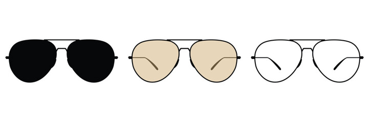 Illustration of classic aviator sunglasses type in various style black, color, and outline © Budypiasa