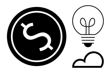 Black dollar coin, light bulb, and cloud emphasize finance, innovation, technology, creativity, business growth, savings and sustainable ideas. Ideal for modern concepts flat simple metaphor