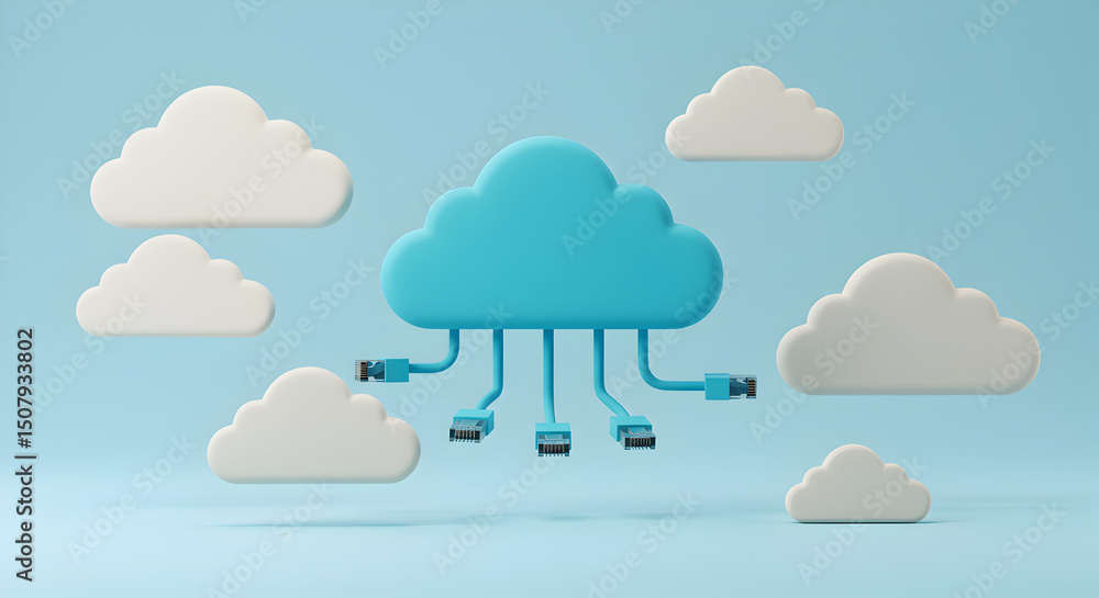 Poster modern cloud computing network infrastructure concept with blue and white 3d render on light blue ba