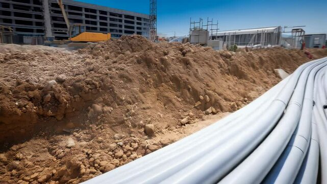 Large white plastic pipes installed in a trench for underground infrastructure project. Construction site with dirt and temporary buildings in the background.
