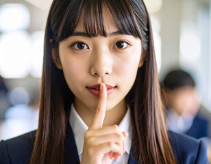 口元に指を当てる若い女性/Young woman with finger on mouth