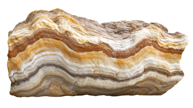 Natural layered rock formation featuring wavy sediment textures and erosion patterns in geological landscape structure, showcasing earth layers and stratification, isolated on white background