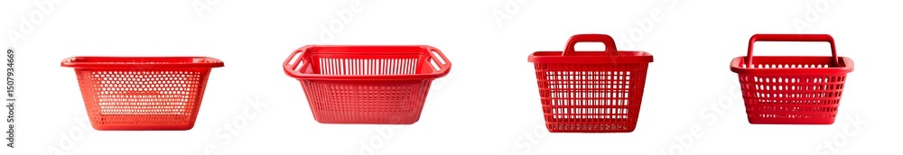 Poster set of assorted red plastic baskets with handles. isolated on transparent background