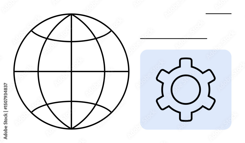 Poster globe with latitude and longitude lines next to a gear within a blue square. ideal for technology, n