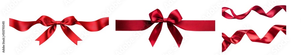 Poster set of red satin ribbons with bows and curls. isolated on transparent background