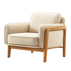Beige fabric armchair with wooden frame isolated on transparent background